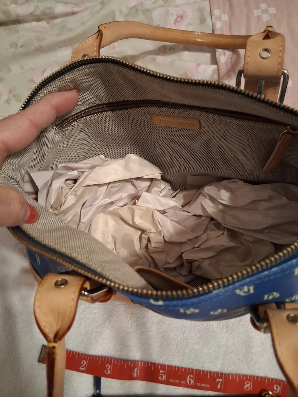 Dooney & Bourke Blue Monogram Satchel with Tan Trim and Accessories - Picture 3 of 6